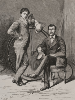 The velocipedists Emmanuel de Graffenried and Albert Laumaillé, (1848-1901)..., 1878.  Creator: Enrique Alba.