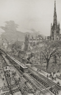 Panoramic view of the new elevated railway, Gilbert system, taken from New Church St, New York 1878. Creator: Unknown.