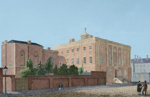 President's House viewed from the southeast, with 1806-1807 Medical Departament...1837 (1850). Creator: Traversier.