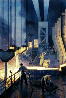 Foundry scene (men supervising pouring of molten metal), between 1939 and 1946. Creators: Unknown, Central Office of Information.