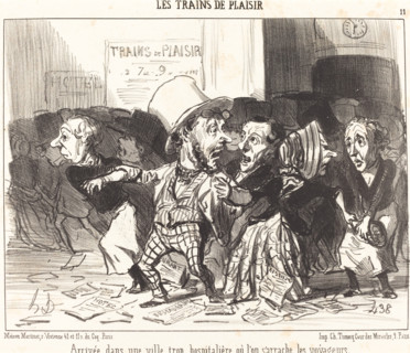 Arrivée dans une ville trop hospitalière où l'on s'arrache les voyageurs, 1852.  Creator: Honore Daumier.