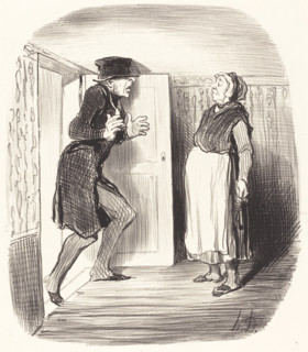 Inconvénient de visiter, sans précaution, un entresol dont le plafond est un peu trop bas, 1847. Creator: Honore Daumier.
