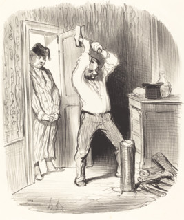 Est-il dieu permis... fendre du bois dans ma salle à manger!..., 1847. Creator: Honore Daumier.