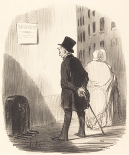 Tiens, voilà un écriteau que ma femme a passé..., 1848. Creator: Honore Daumier.