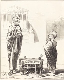 Les Augures de l'Empire s'apprêtant à consulter les entrailles des canards sacrés..., 1850.  Creator: Honore Daumier.