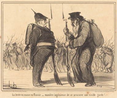 La levée en masse en Russie - manière ingénieuse de se procurer une vieille garde!..., 1855.  Creator: Honore Daumier.