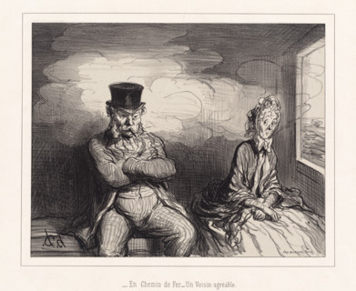 En Chemin de Fer - Un Voisin agréable, 1862. Creator: Honore Daumier.