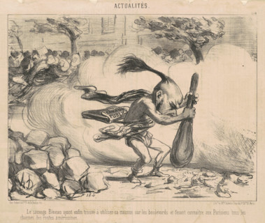 Le sauvage Bineau ayant enfin trouvé à utiliser sa massue sur les boulevards..., 1850.  Creator: Honore Daumier.