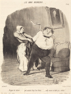Brigand de tailleur...quel mauvais drap il me donne...voilà encore un habit qui a rétréci!..., 1847. Creator: Honore Daumier.
