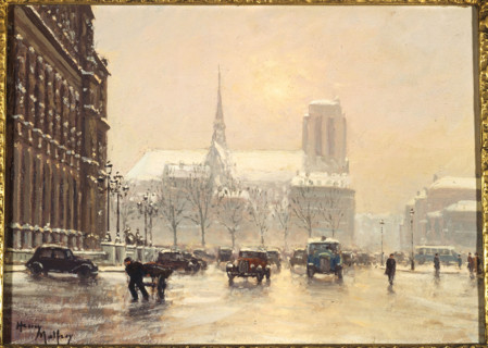 Notre-Dame seen from the square at Hotel de Ville, in snowy weather, c1930. Creator: Henry Malfroy.