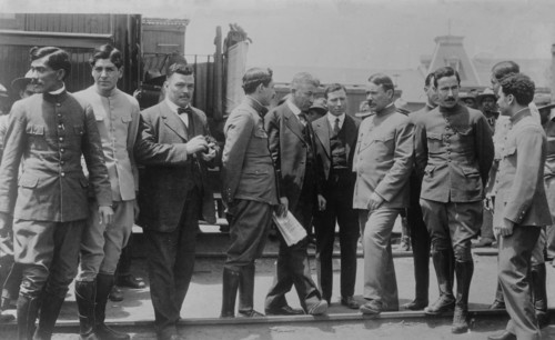 Obregon & staff: B.A. Almada, A.G. Montano, Maj. R.T. Villagran, Maj. J.M. Carpio..., 1916. Creator: Bain News Service.