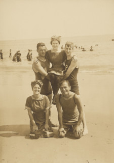 Group portrait on the beach, Block Island, 1912. Creator: Byram Woodhead.