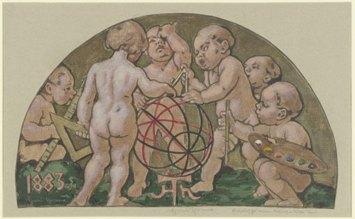 Putti with armillary sphere from the (destroyed) mosaic at the "Zum Kaiser Karl" house..., c1882-83. Creator: Hans Thoma.