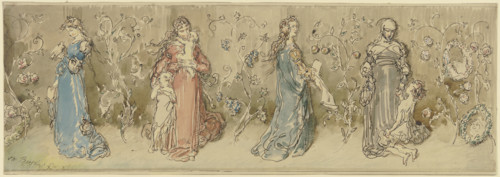 Four allegorical female figures, 1875. Creator: Wilhelm Busch.