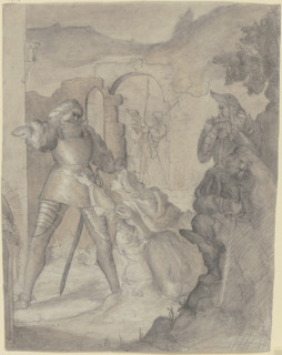 A woman with a child kneels imploringly before a knight, with other knights and a castle beside her. Creator: Victor Muller.