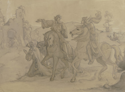 A mounted king shows a warrior on horseback the way to a ruin above which a star shines, 1846. Creator: Victor Muller.