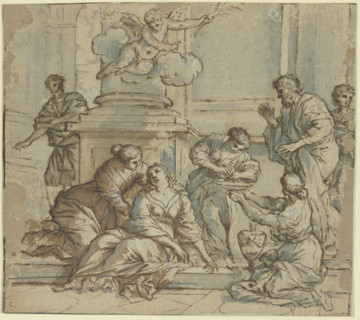 A woman slumped against a pillar is supported by three others, one holding a washbasin... Creator: Giuseppe Nicola Nasini.