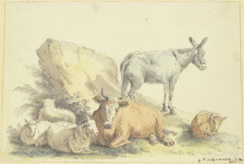 A cow, three sheep, a donkey, and a calf, 1800. Creator: Georg Friedrich Ackermann.