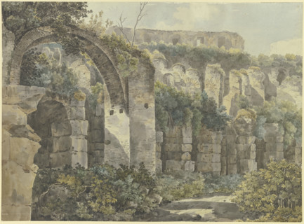 Roman ruins with a large arch and high walls, overgrown with plants, 18th century. Creator: Unknown.