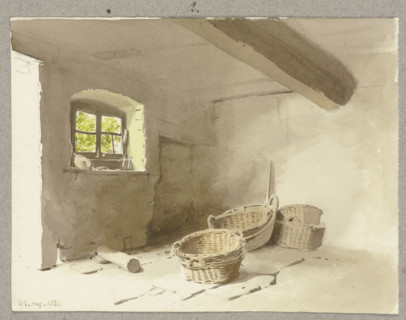 Unfurnished room, some baskets on the floor, 1860. Creator: Carl Theodor Reiffenstein.
