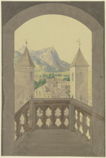 Wooden balcony with stairs, view of a Tyrolean village, snow-capped mountains..., 19th century. Creator: Karl Ballenberger.