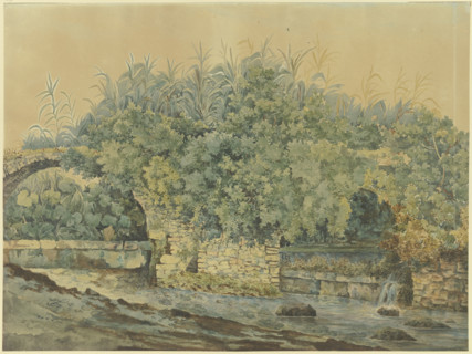 Dilapidated stone bridge over a stream, overgrown with bushes and plants, 18th century. Creator: Unknown.