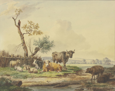 Cattle grazing by a fence, two pigs on the right, late 18th century. Creator: Pieter Gerardus van Os.
