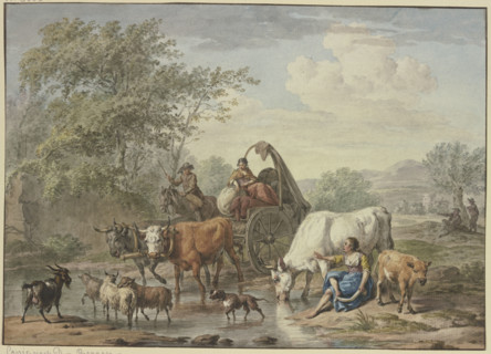 Shepherds drive a cart through the water, a shepherdess washes her feet by a white cow on the right. Creator: Aert Schouman.