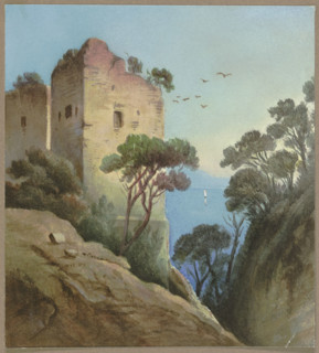 Tower ruins overlooking the sea (Gulf of Naples?), 19th century. Creator: Unknown.