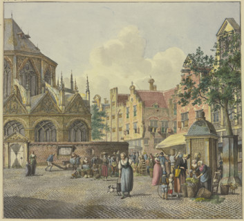 On the left, the chancel of a church; on the right, a well house with vegetable vendors, 18th cent. Creator: Johannes Huibert Prins.