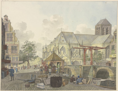 Lock gate by a church, with a customs house nearby, 18th century. Creator: Johannes Huibert Prins.
