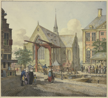 Lock gate by a church, with a veiled lady, an officer, and a lady with a boy on the left, 18th cent. Creator: Johannes Huibert Prins.