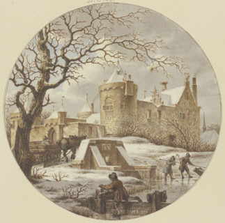 Winter landscape in front of the city wall, a wooden sledge on the bridge, 1788. Creator: Jacob Cats.