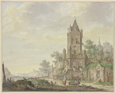 Town with an old tower by the water, a woman with a boy and two sheep in the foreground, 18th centur Creator: Pieter Bartholomeusz. Barbiers.