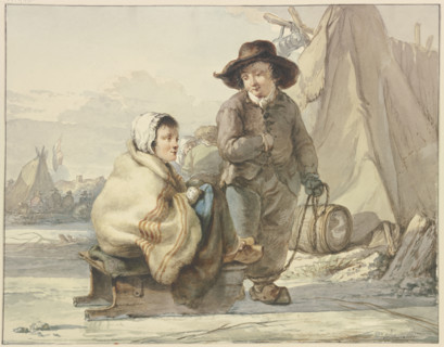 Girl on a sled, next to her a boy, in a camp, 18th century. Creator: Jacob van Strij.
