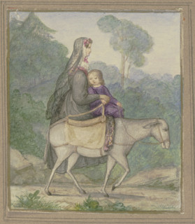 Mother and child riding on a donkey, 19th century. Creator: Unknown.