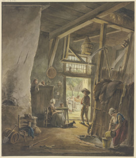 Inside a farmhouse, the woman sits by the door, talking to the man leaving..., late 18th century. Creator: Hermanus van Brussel.