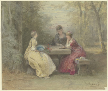 Lecture in the park, three young ladies in Watteau-esque costumes sit around a..., 19th century. Creator: Philipp Rumpf.