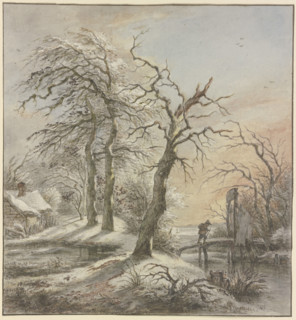 Winter landscape, a hiker crosses a stream on a footbridge, 18th century. Creator: Jan Hulswit.