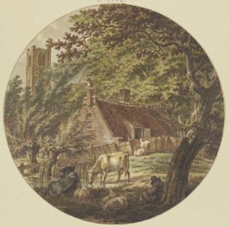 Hut in the woods with some cattle, a church tower on the left, 1788. Creator: Jacob Cats.