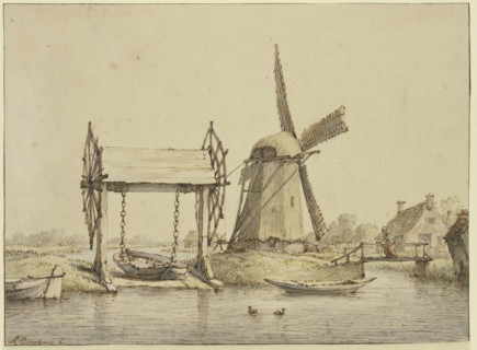 Landscape with a boat lift and a mill, 17th century. Creator: Anthonie van Borssom.