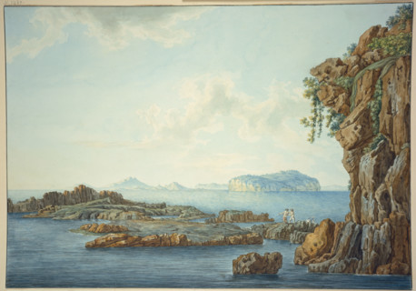 Sicily, rocky shore by the sea, three fishermen in the foreground, islands in the..., 18th century. Creator: Christoph Heinrich Kniep.