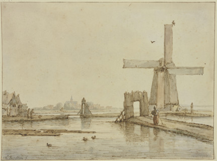 Windmill on a narrow causeway, three ducks in the foreground, 17th century. Creator: Anthonie van Borssom.