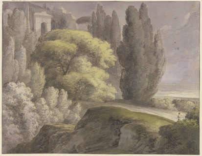 Landscape with ancient buildings among tall trees, 18th century. Creator: Franz Kobell.