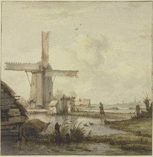 Windmill in front of a town with a tall tower, a woman walking on a cane..., 18th century. Creator: Jan Hulswit.