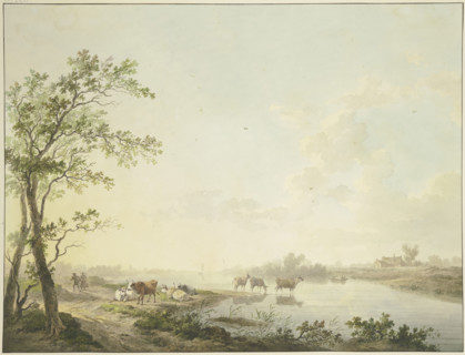 Foggy morning by a river, seven cows on the bank, some standing in the water, 1803. Creator: Abraham Teerlink.