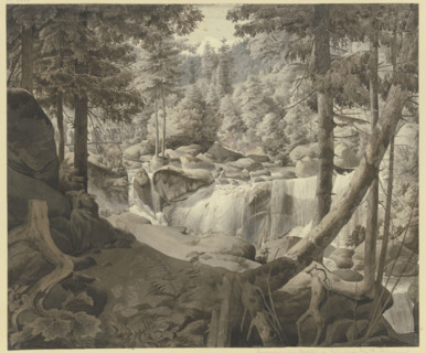 Wooded landscape with a waterfall, pilgrims crossing a bridge in the background, 19th century. Creator: August Georg Friedrich Lucas.