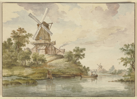 Small river with two windmills on its banks, 18th century. Creator: Jean George Teissier.
