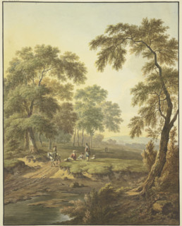 Forest meadow with water, a rider on a white horse on the path, along with some people resting... Creator: Abraham Teerlink.