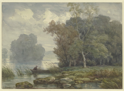 Hunter in a boat on a wooded shore, 19th century. Creator: Karl Peter Burnitz.